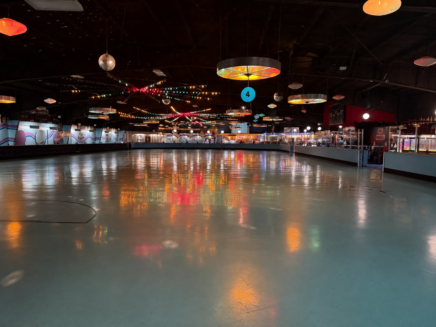 The Big Wheel Skate Center rink floor under the lights